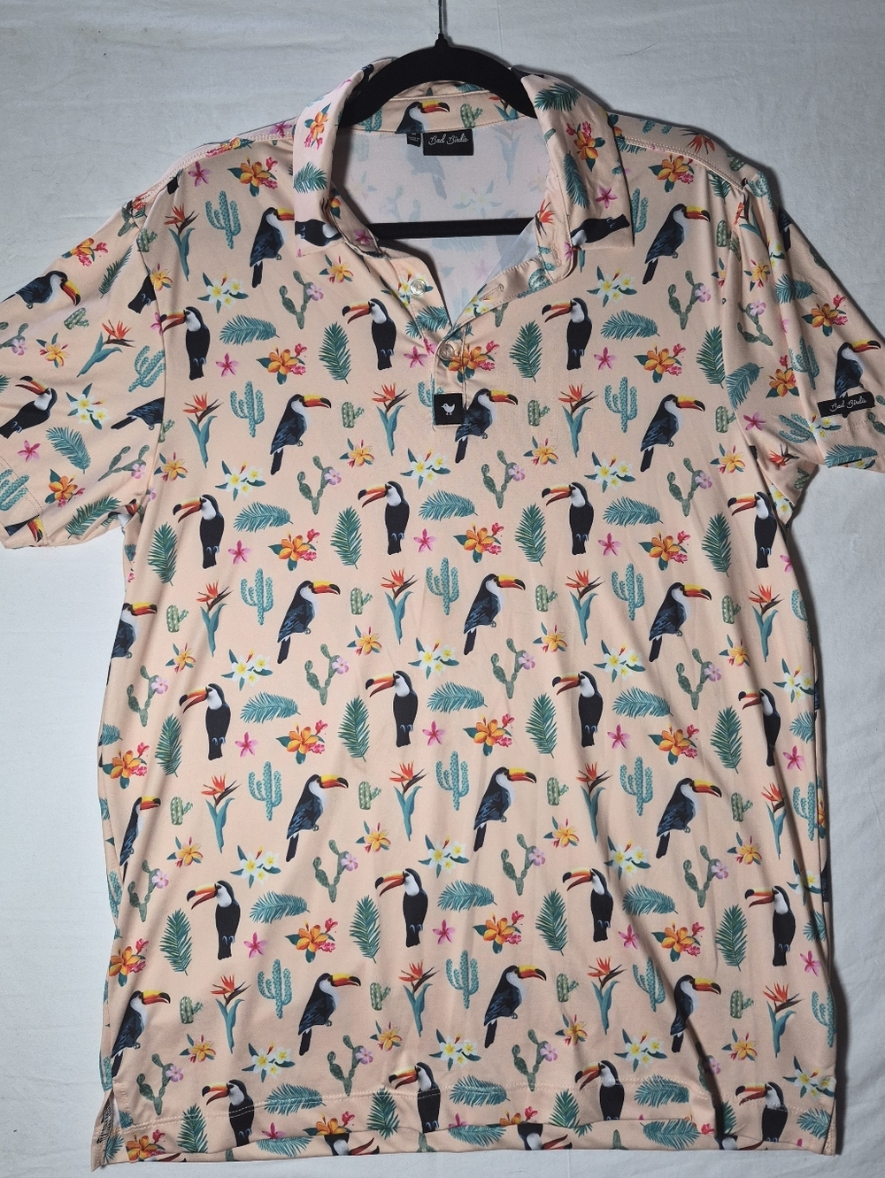 Bad Birdie Peach Polo with Toucan & Tropical Motifs Mens M